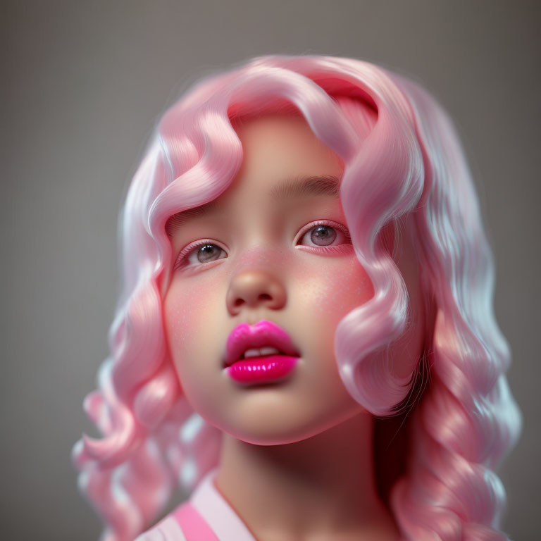 Voluminous pink and white curly hair on young girl portrait