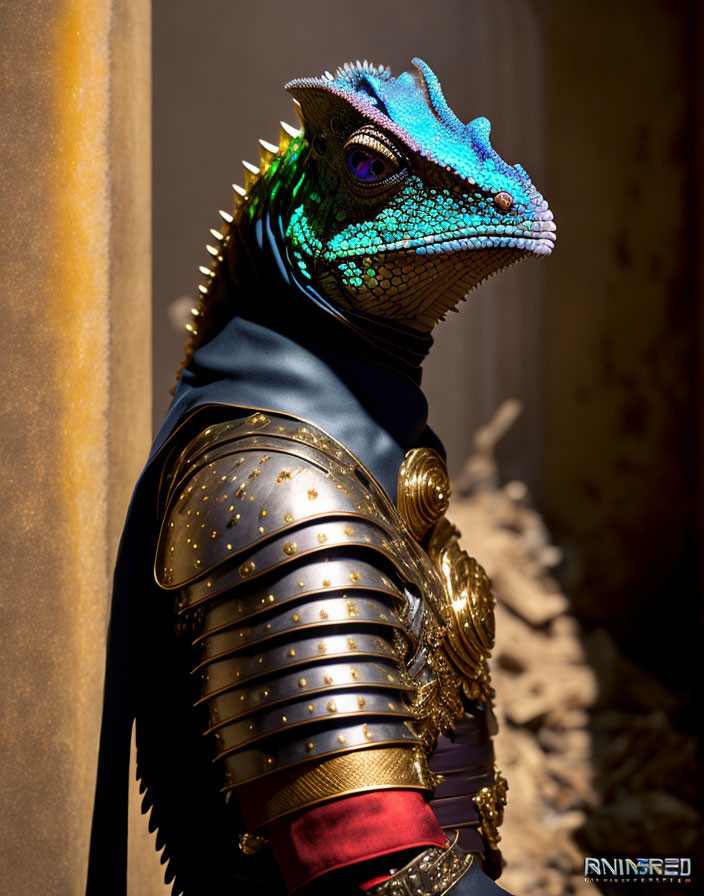 Colorful lizard in studded armor against shadowed backdrop