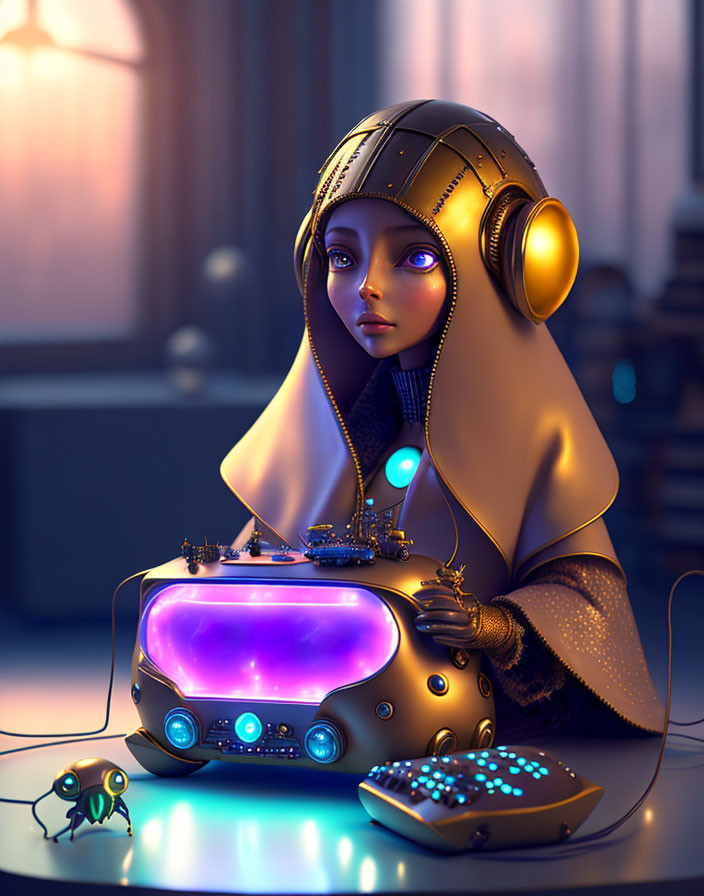 Stylized animated character with large headphones and hijab using futuristic device