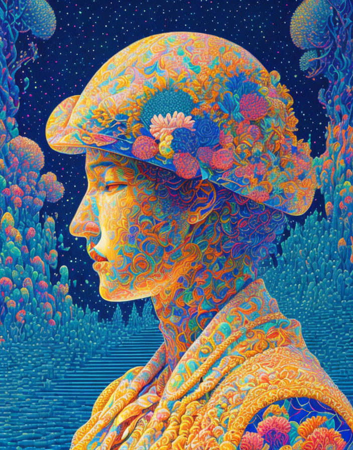 Colorful Psychedelic Profile Illustration with Floral Patterns