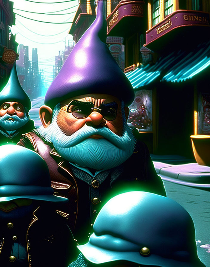 Stern Gnome with Purple Hat and Leather Jacket in Whimsical City Alley