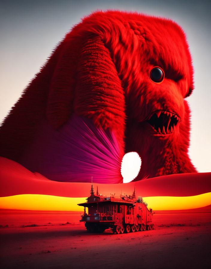 Giant red furry creature in surreal desert landscape at sunset with ship and portal.