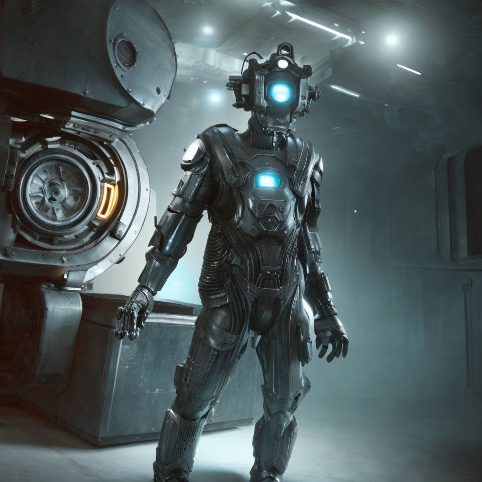 Futuristic robot with blue glowing lights in misty industrial setting