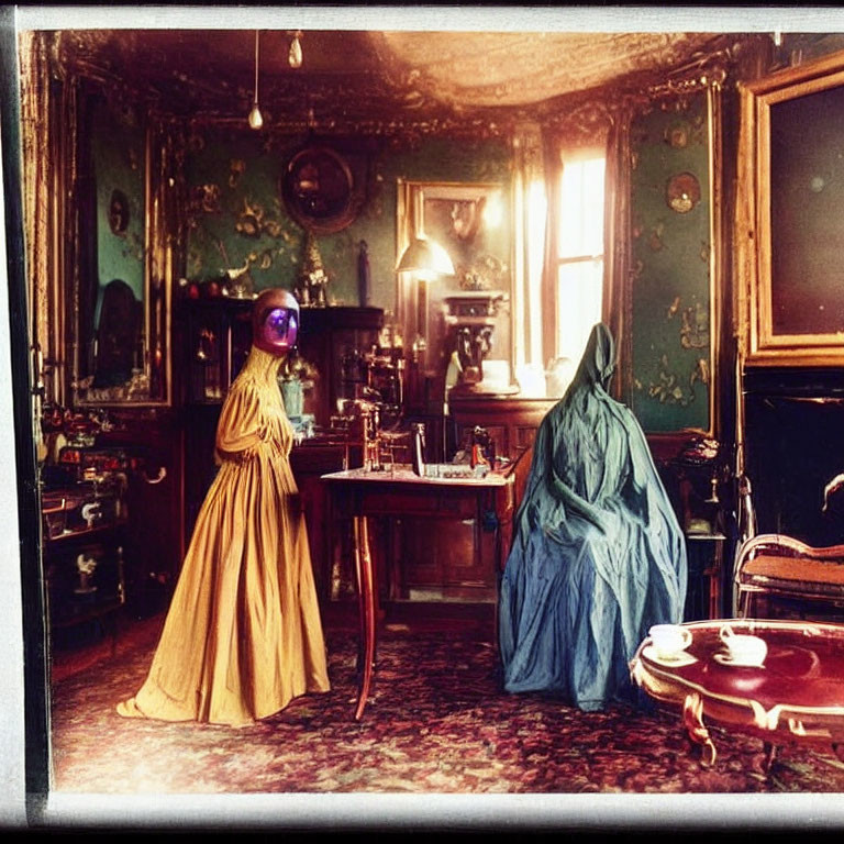 Victorian figures in astronaut helmets in vintage room