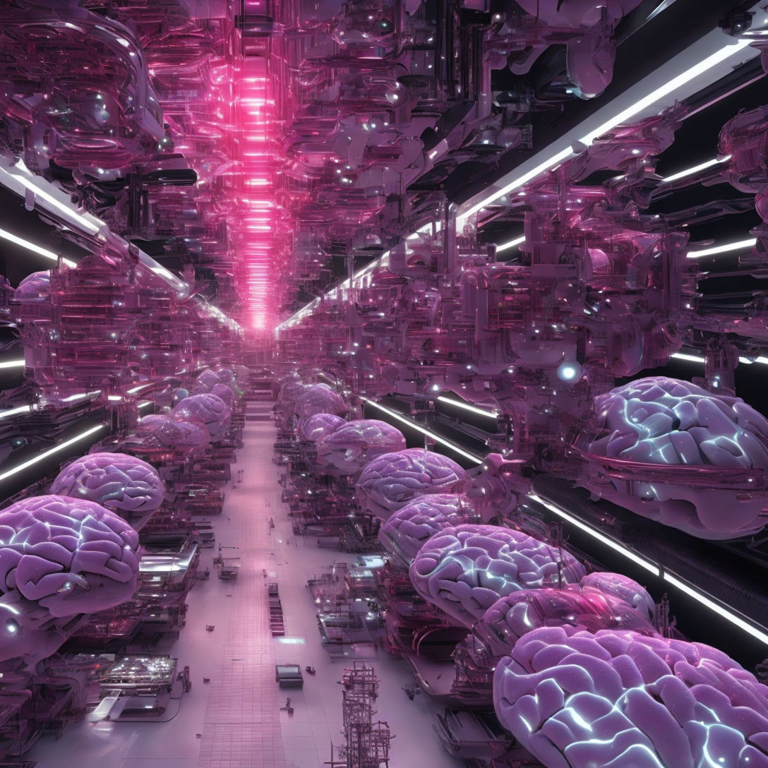 Futuristic sci-fi corridor with glowing oversized brains in pink and white lights