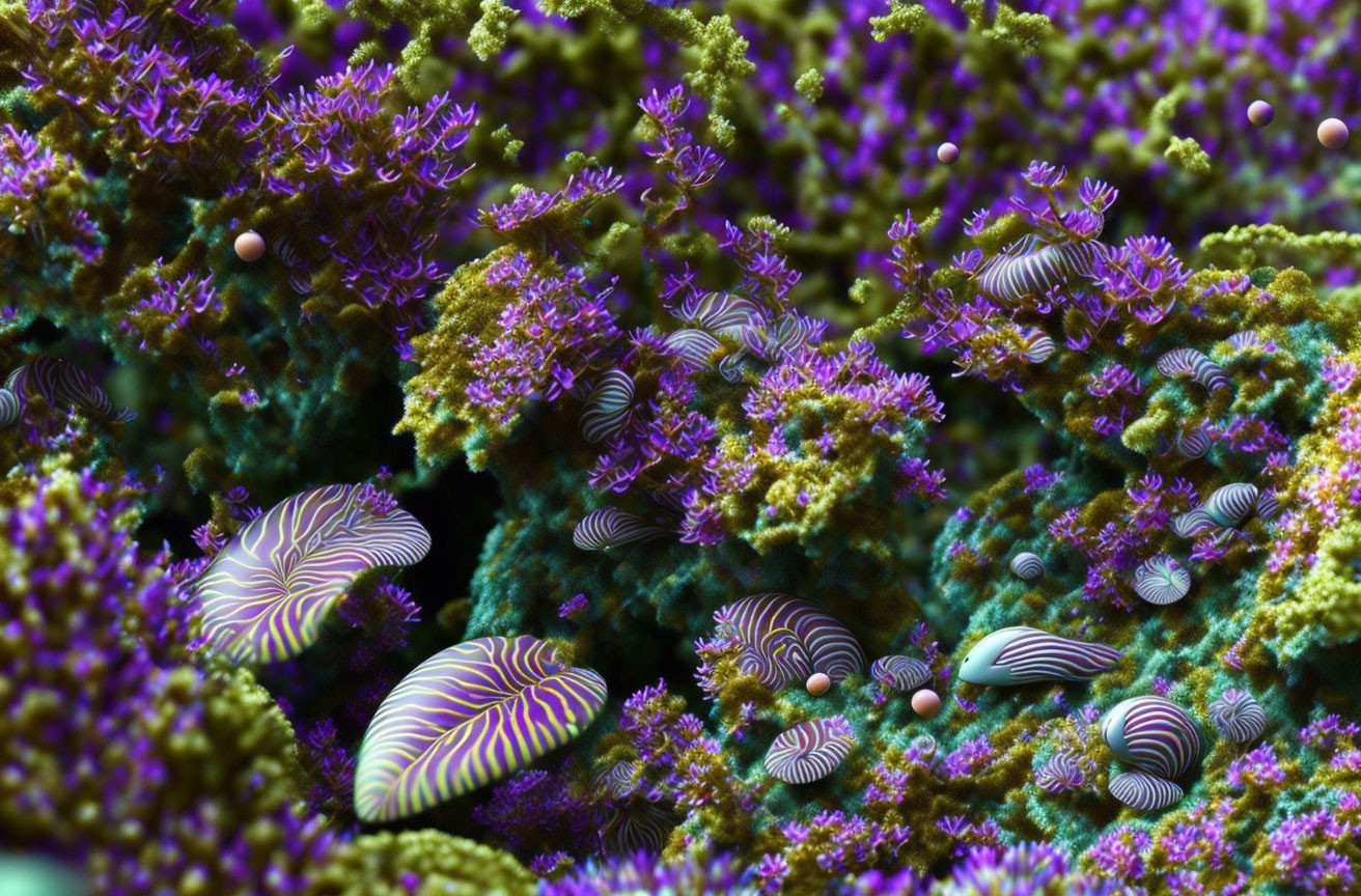 Colorful Underwater Scene with Purple Coral and Striped Sea Slugs in Vibrant Setting