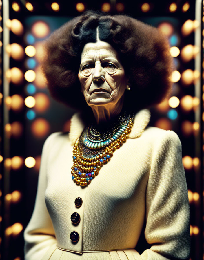 Elderly Woman with Voluminous Hair and Layered Necklaces in Beige Jacket