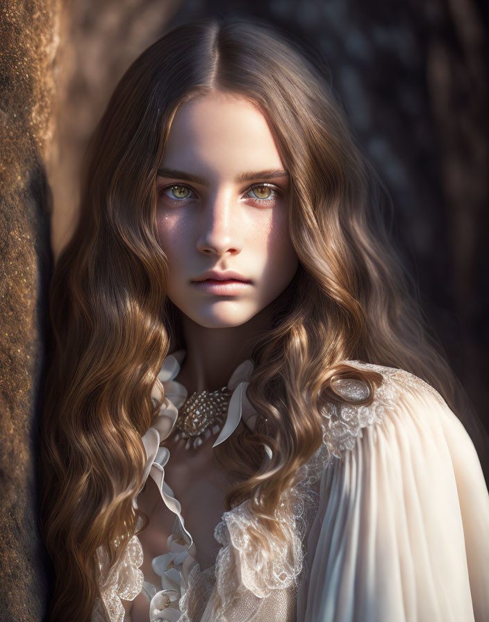 Young Woman with Long Wavy Hair in Vintage Lace Blouse