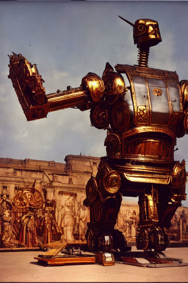 Intricate Bronze Robot Sculpture with Classical Building Background