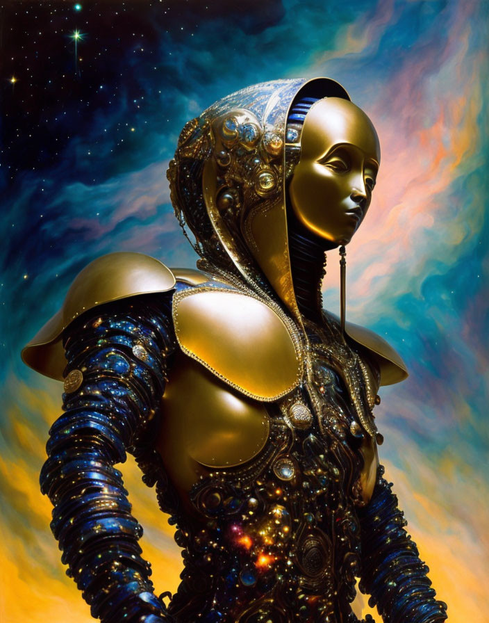 Golden armored figure with classical helmet in cosmic setting