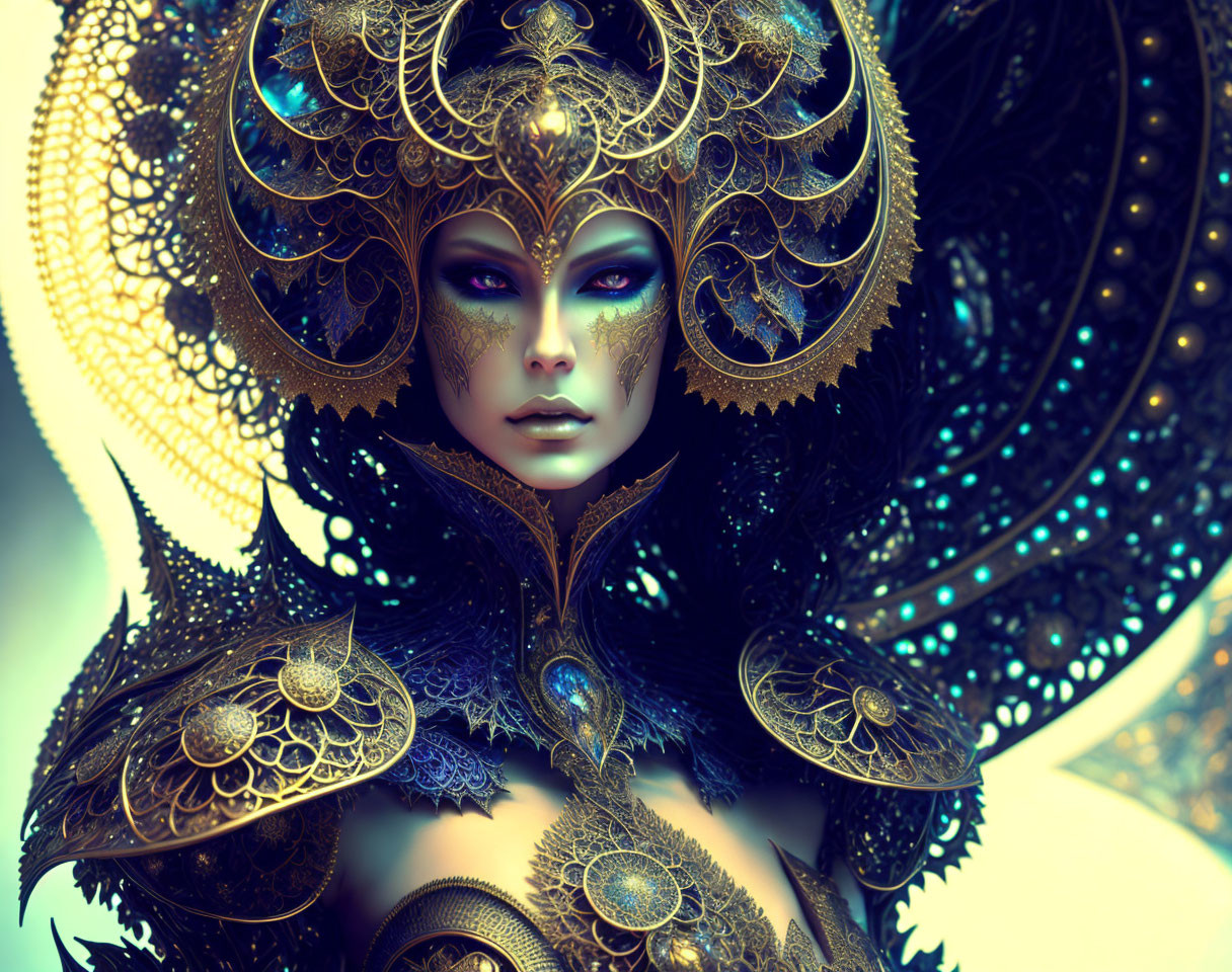 Detailed illustration: Woman with golden headgear and armor on soft blue backdrop