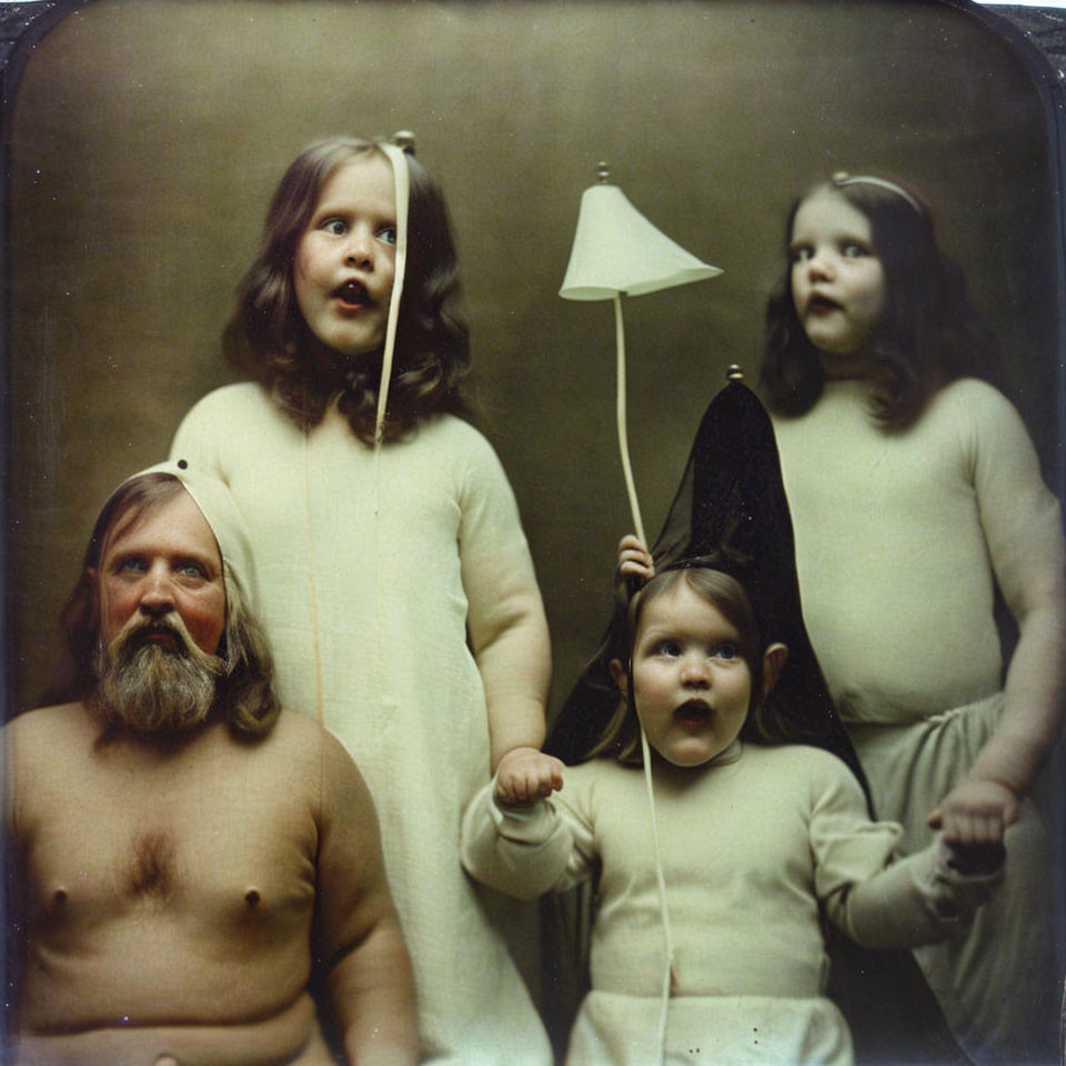 Bearded man and children in white outfits with lampshade flag