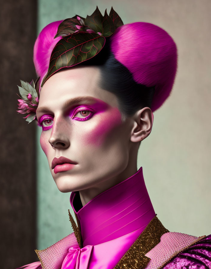 Stylized portrait with pink hair, eyeshadow, leaf headpiece, purple high-collar garment