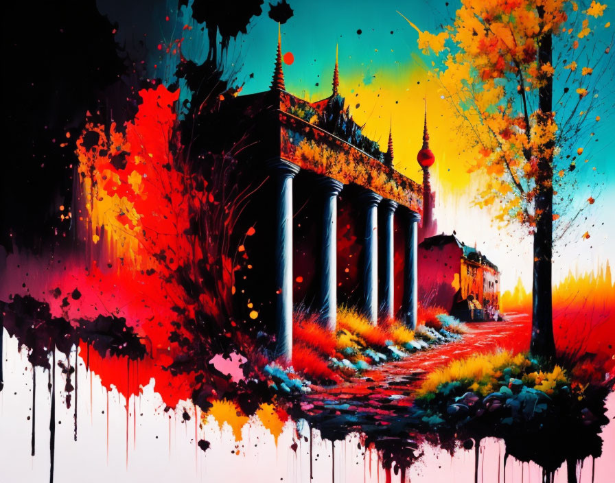 Abstract painting: Classical columns with vibrant splashes of red, orange, and yellow on black background