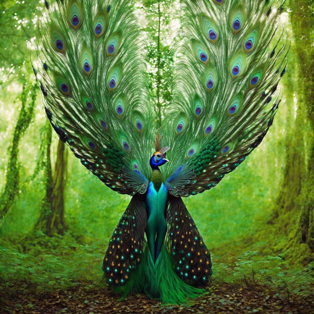 Colorful peacock with impressive tail feathers in lush forest.