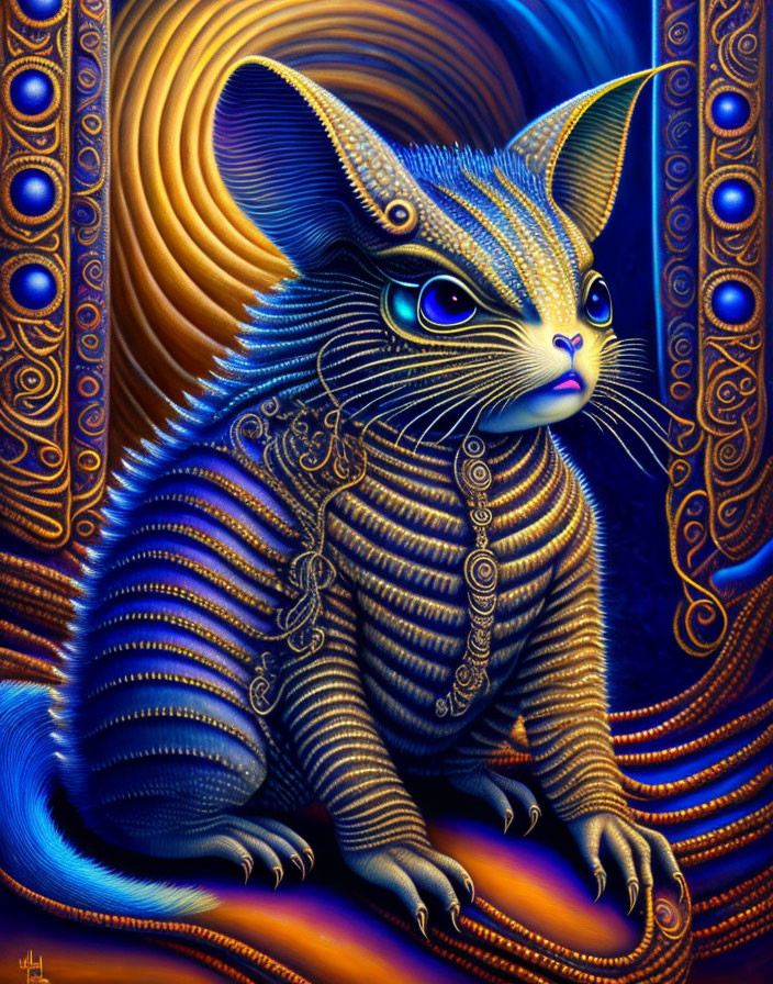 Intricate Blue Patterns on Cat Against Abstract Golden Background