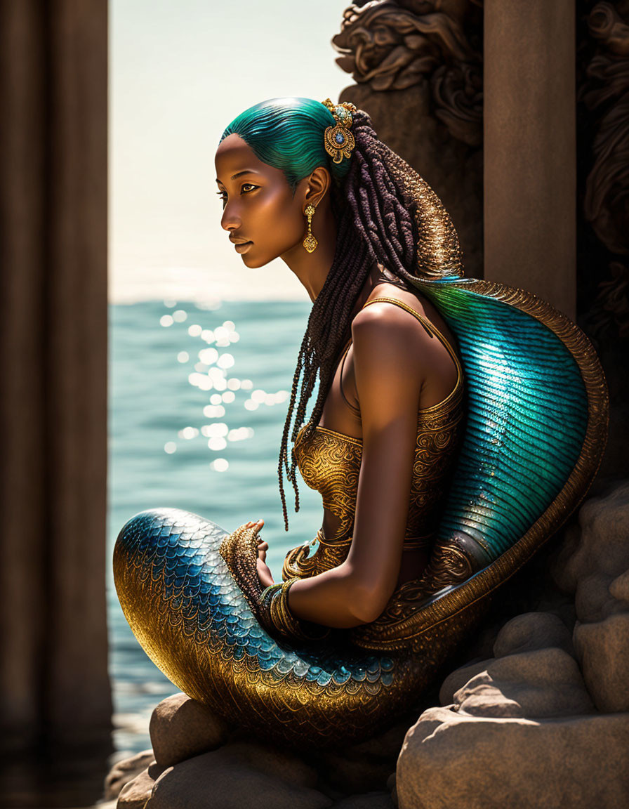 Mermaid digital artwork with blue-green scales and braids by seaside column