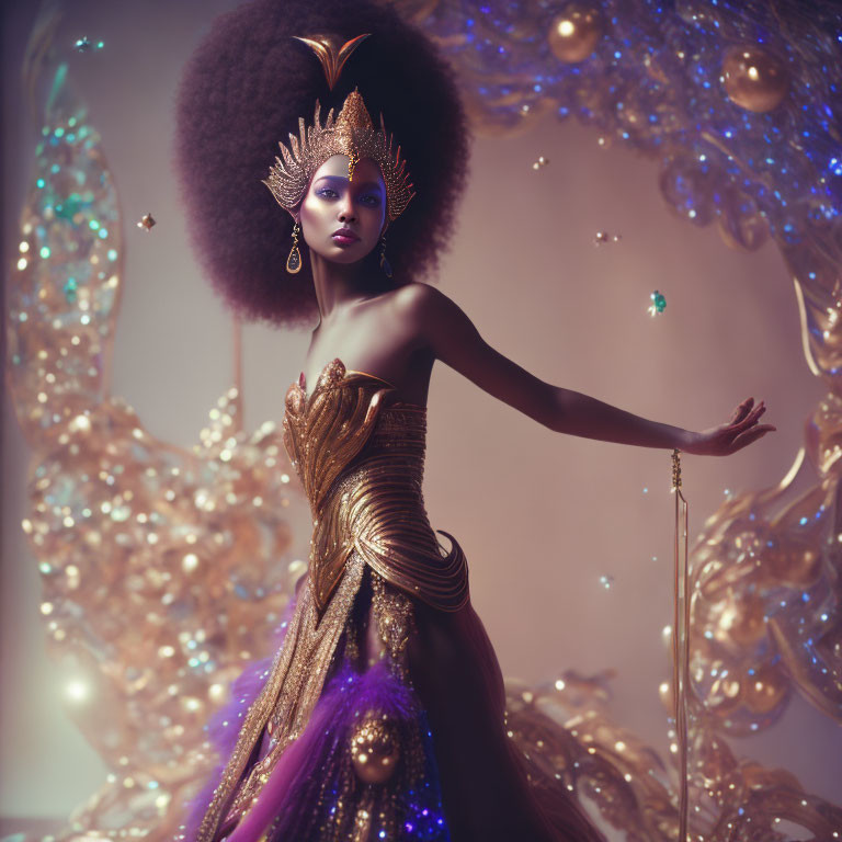 Regal woman in elaborate crown and gold dress with scepter amidst ethereal swirls.