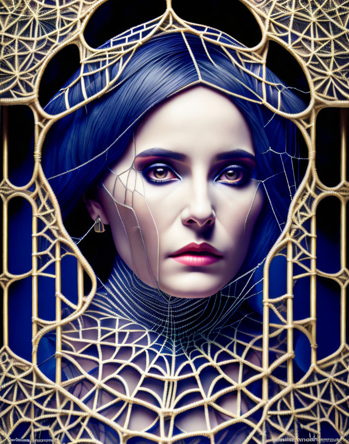 Blue-haired woman with spider web overlay on dark background