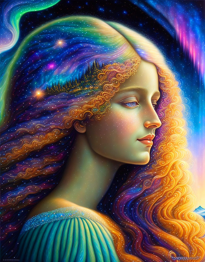 Multicolored hair woman in surreal cosmic portrait