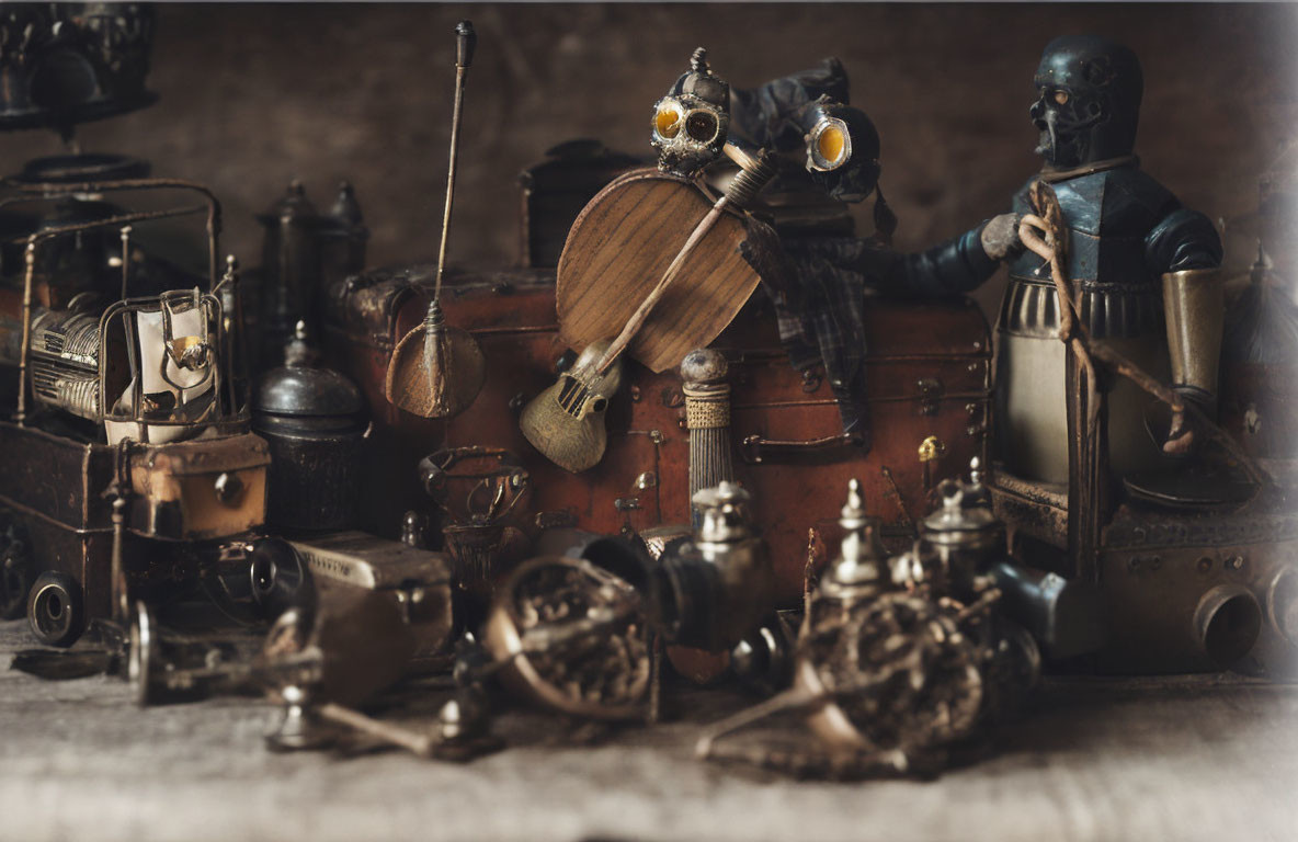 Steampunk-themed vintage figurines, gears, violin, and machinery on rustic backdrop