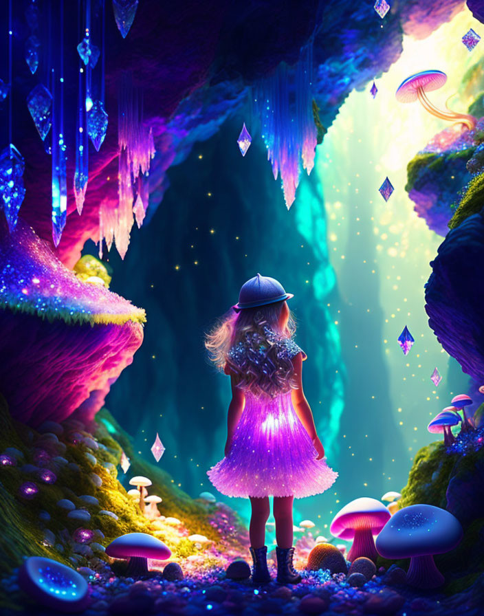 Child in glowing dress at magical cavern entrance with luminescent mushrooms, crystals, and lights