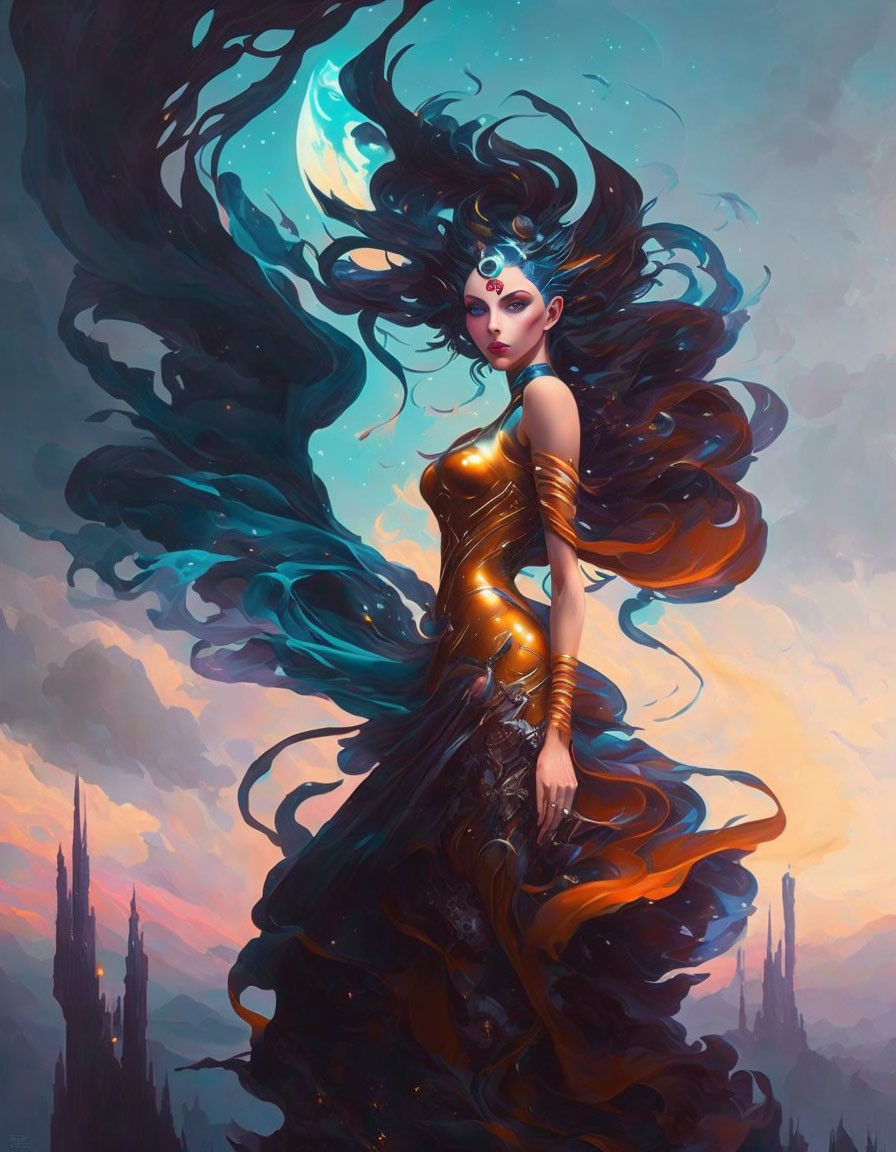 Fantastical female figure in gold dress with flowing hair under twilight sky