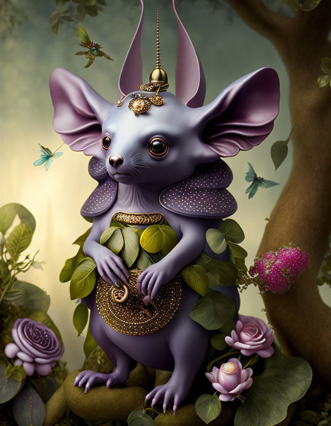 Anthropomorphic Mouse in Gold Jewelry in Enchanted Forest