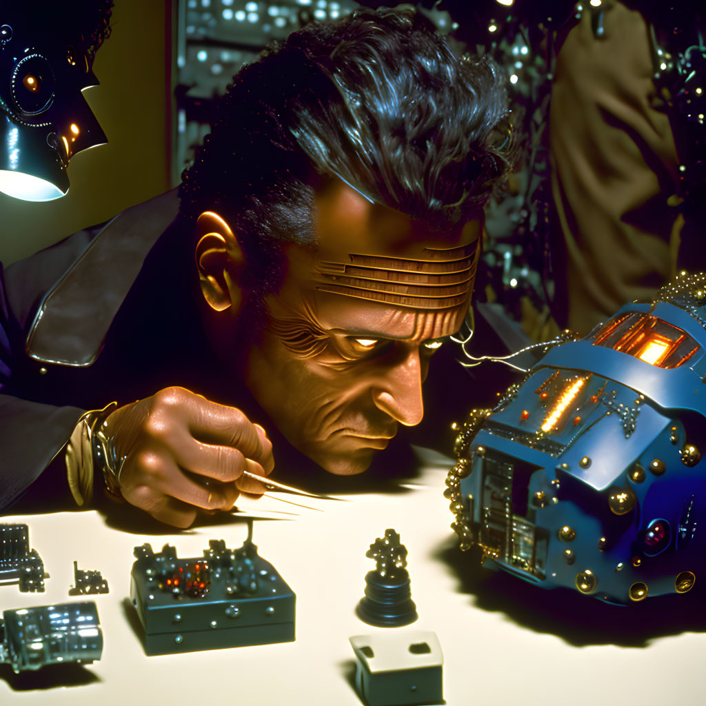 Man wearing futuristic headband focused on electronic device with tools and circuit boards