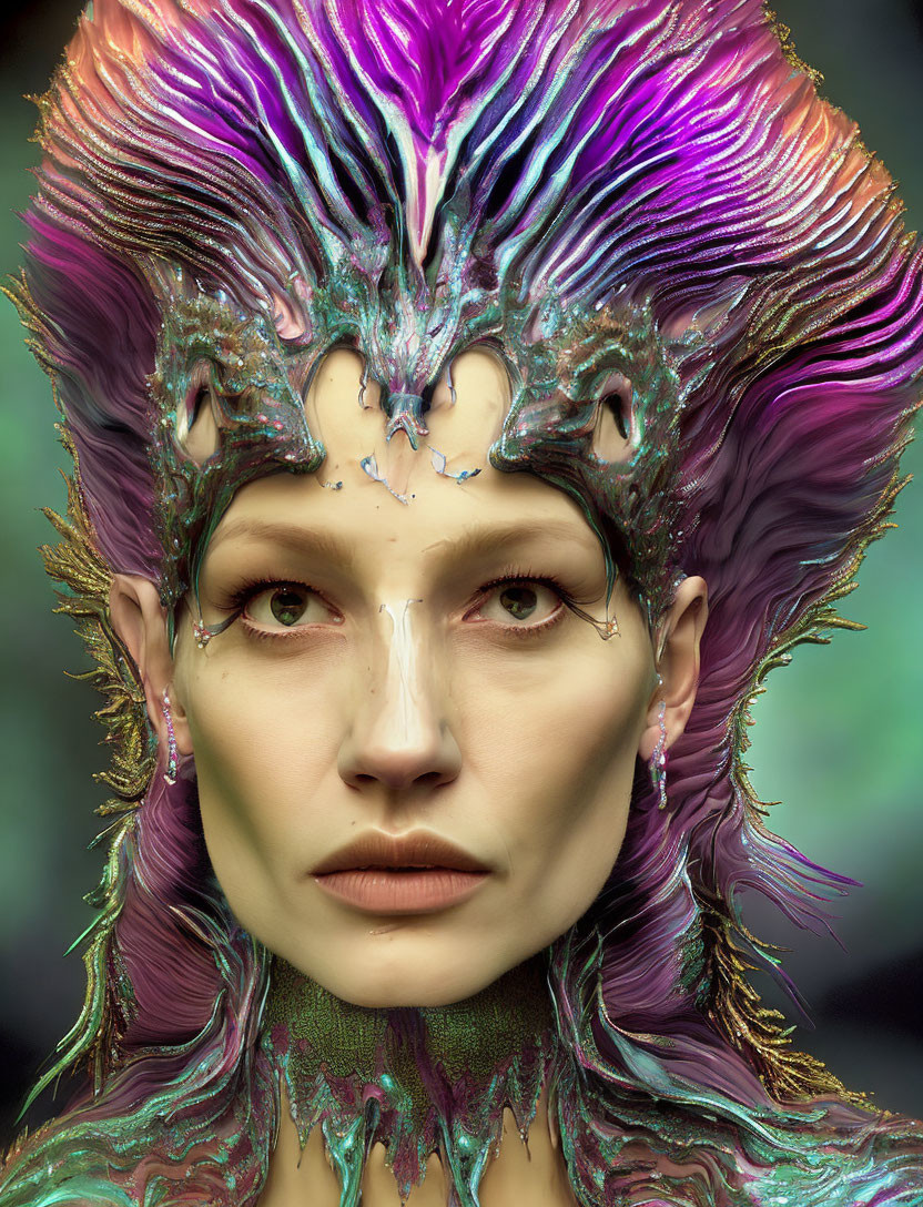 Vibrant metallic headdress and textured skin adornments on a woman