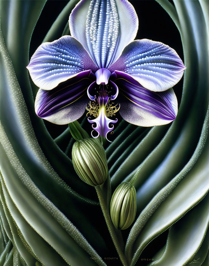 Detailed Purple and White Orchid Illustration with Green Leaves