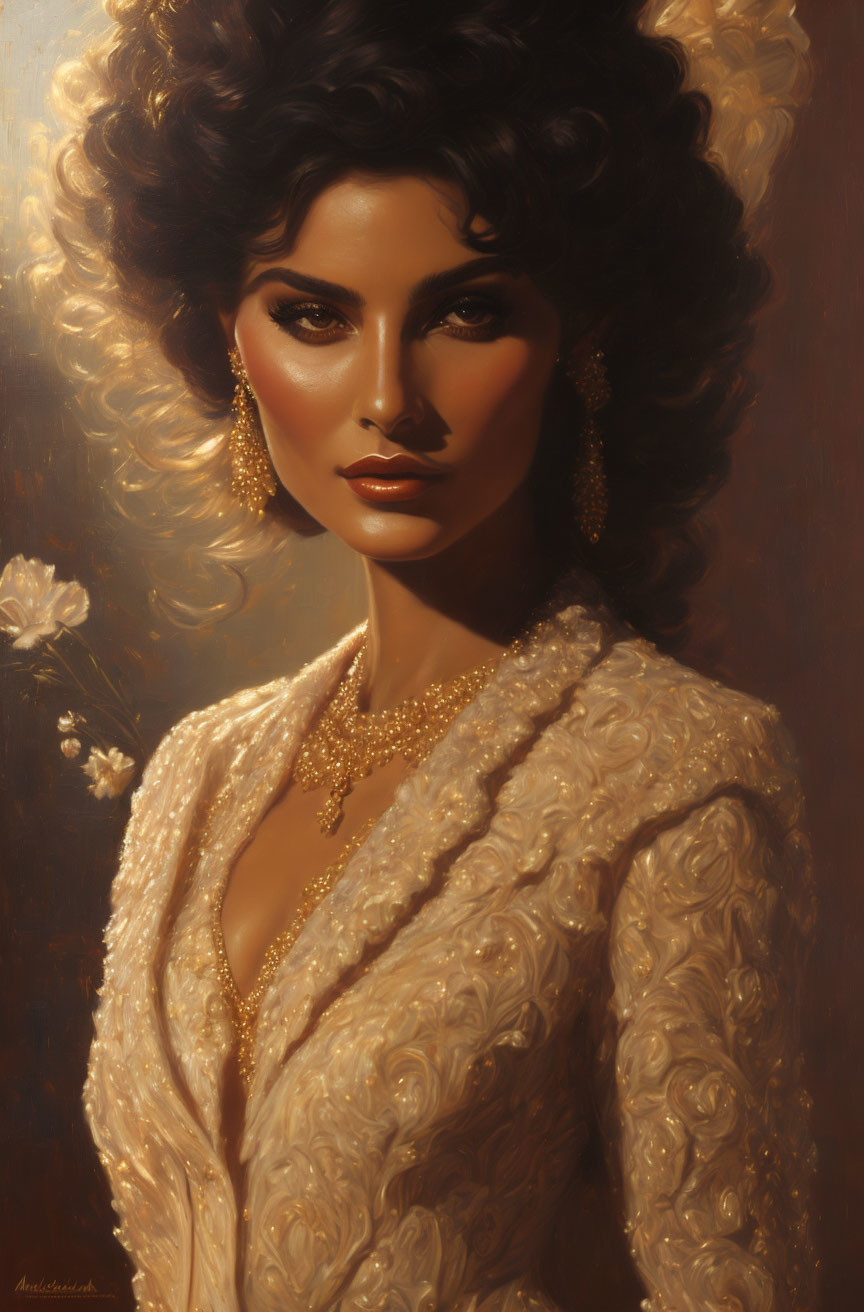 Voluminous Curly Hair and Gold Jewelry on Elegant Woman in Sepia Portrait