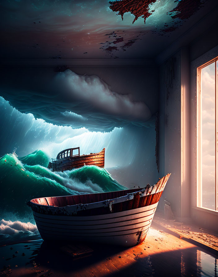 Surreal room with wooden boat and ocean waves under sunny light