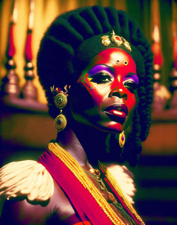 Traditional makeup, intricate earrings, and headgear against warm backdrop