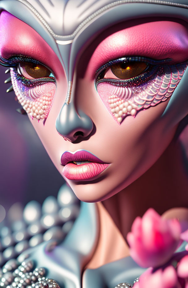 Futuristic humanoid with iridescent skin and captivating eyes