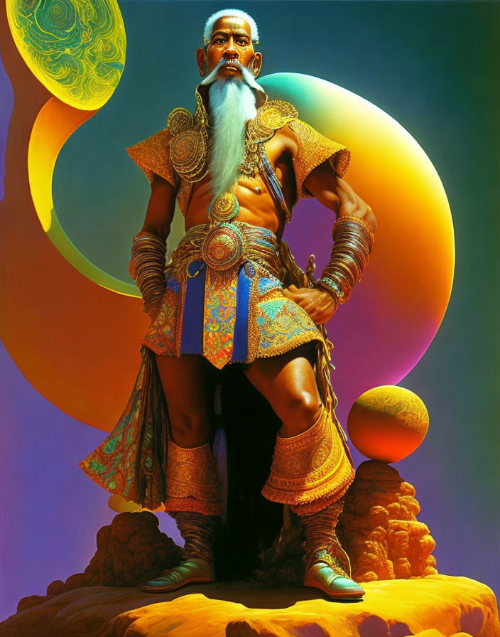 Elderly man in golden armor with white beard against celestial backdrop