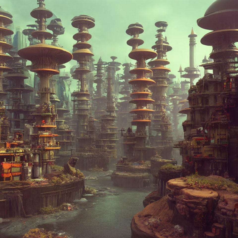 Dystopian cityscape with mushroom-like structures in haze