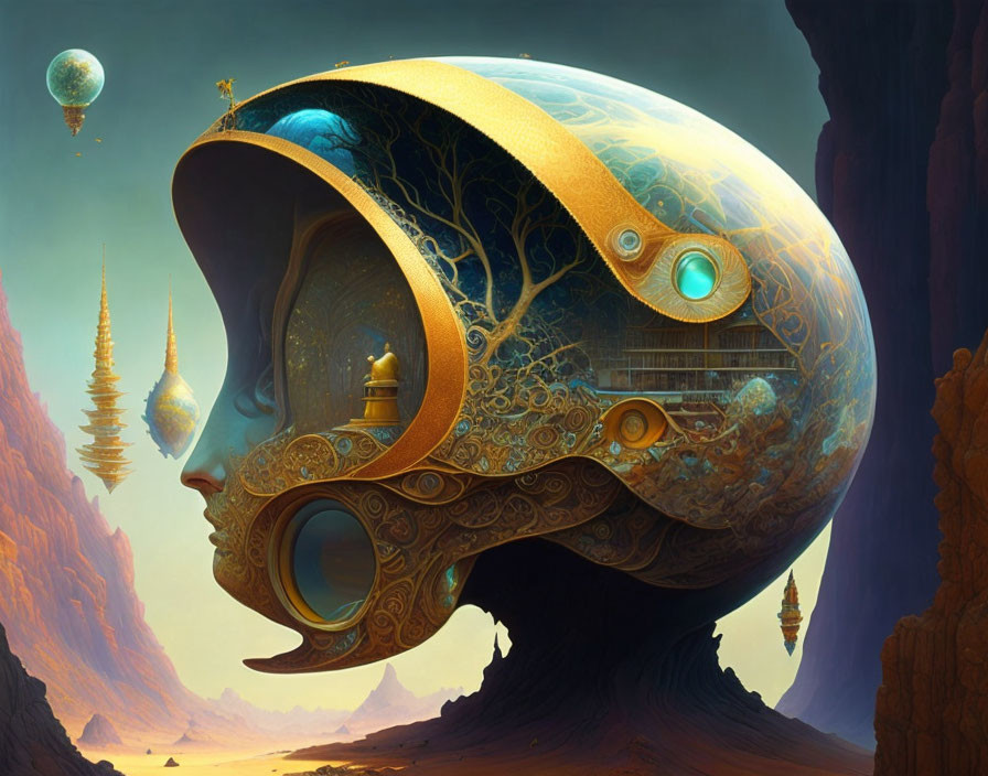 Surreal helmet-shaped structure in fantastical landscape