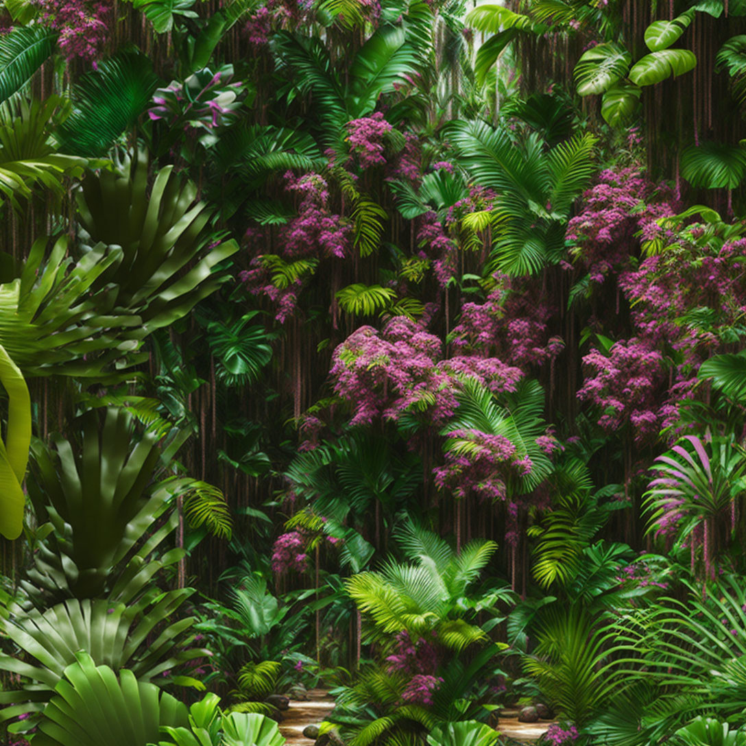 Lush Tropical Jungle Scene with Green Foliage and Pink Flowers