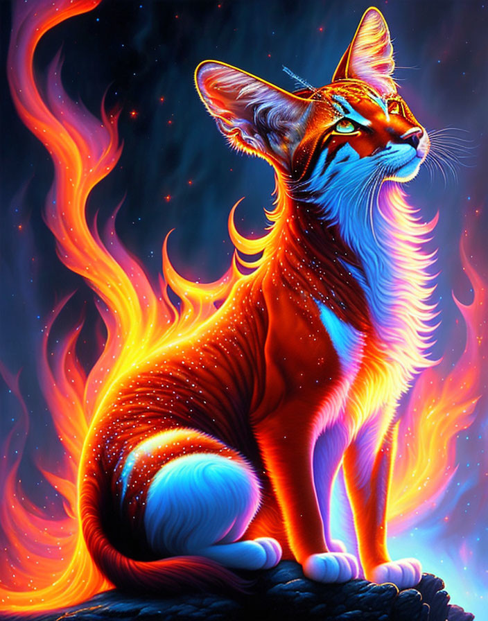 Majestic cat with fiery orange fur in cosmic setting