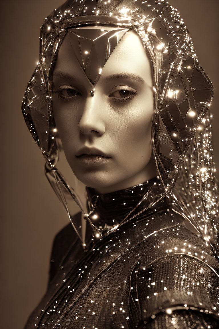 Futuristic metallic headpiece and garment with shimmering textures and geometric designs