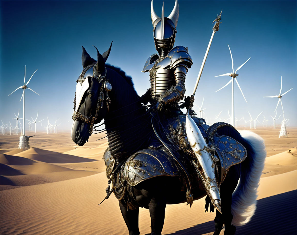 Knight on horse in desert with wind turbines under blue sky