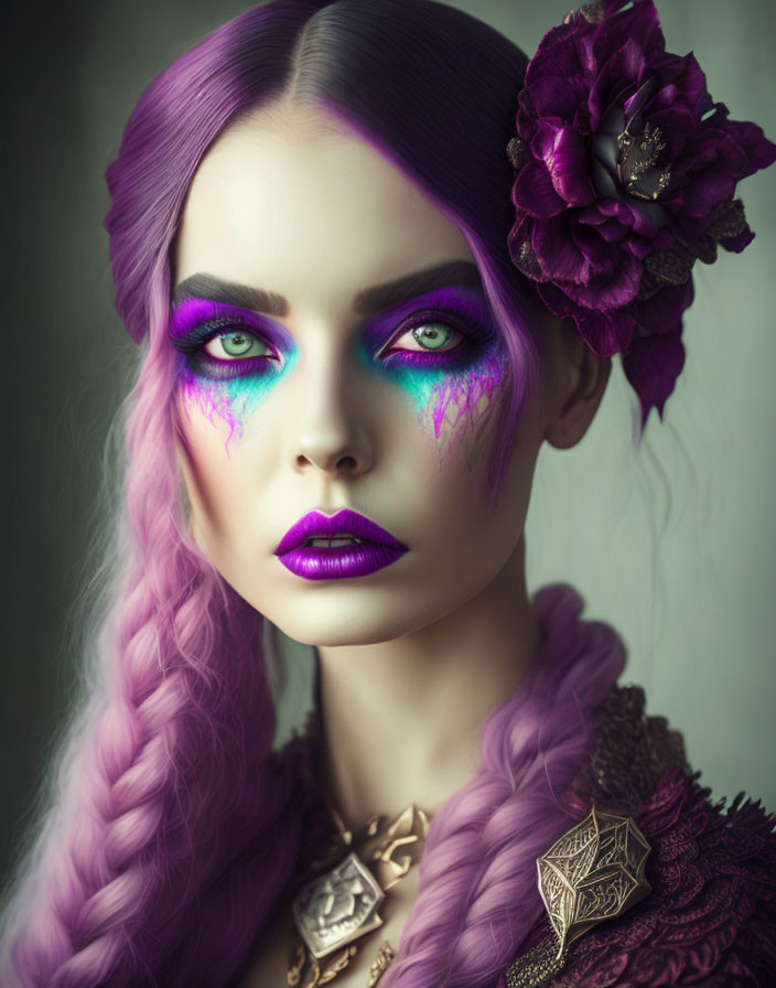 Vivid Purple Hair and Makeup with Floral Adornment in Purple Outfit