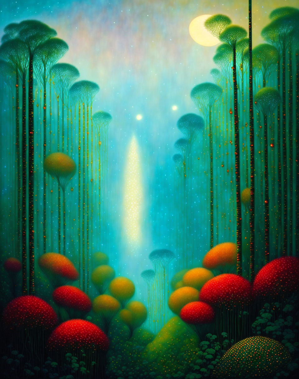 Enchanted forest with oversized glowing mushrooms under starry sky