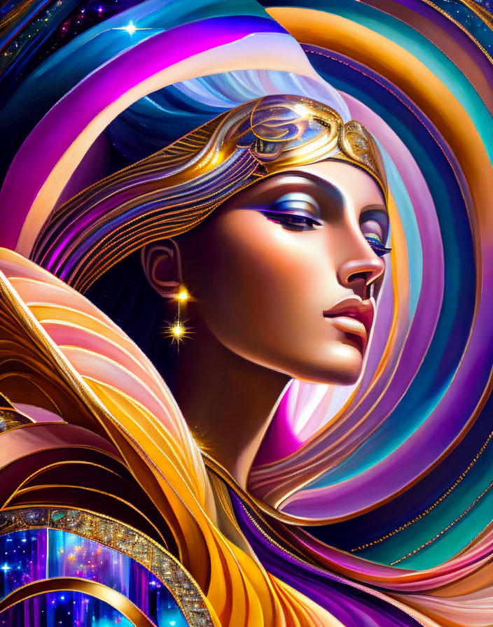 Vibrant digital art: stylized woman profile with cosmic patterns