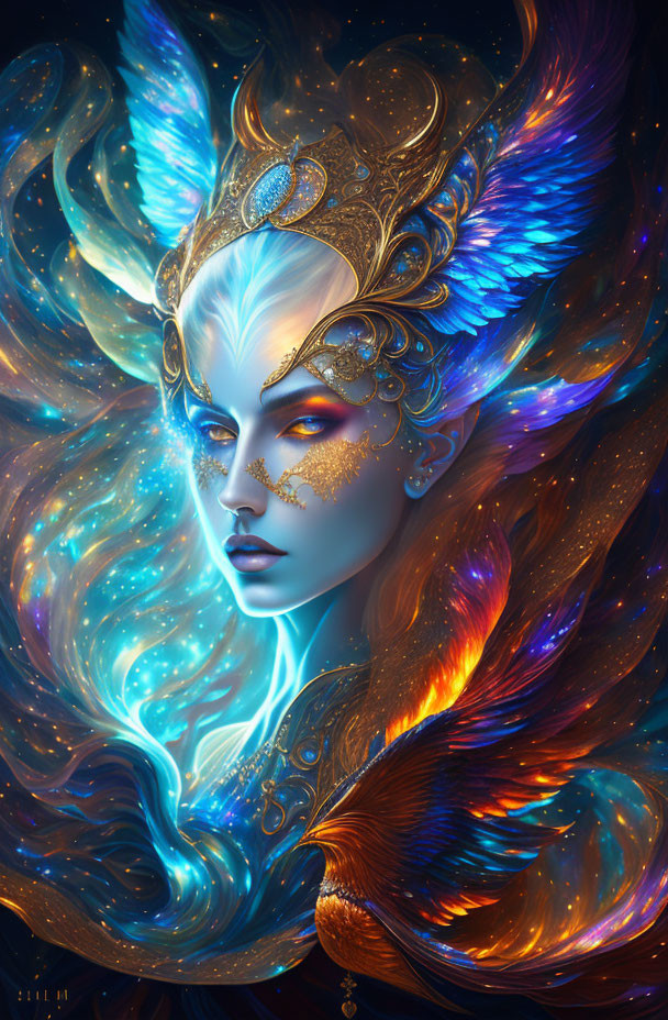 Illustration of mystical being with blue hair, golden crown, and phoenix wings