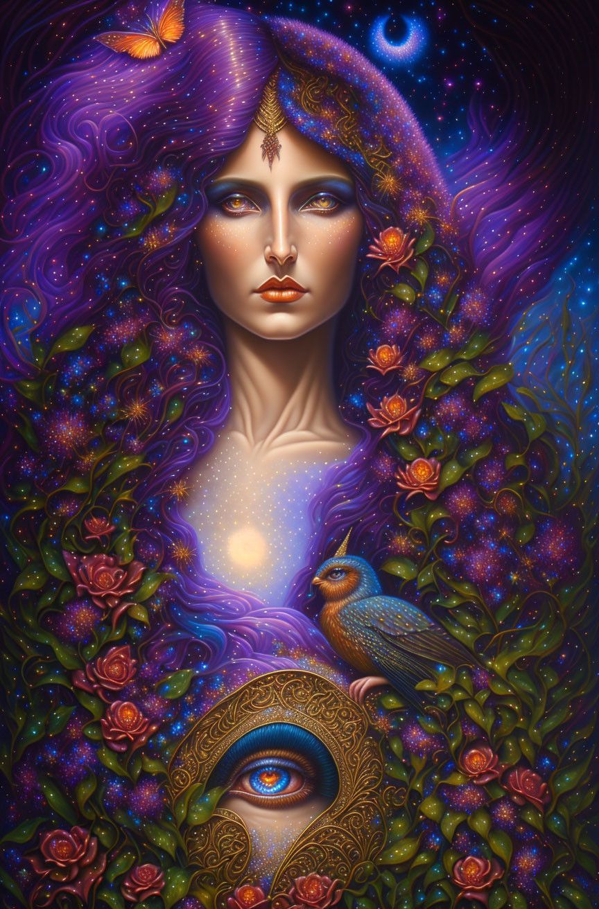 Mystical woman with purple star-filled hair and cosmic bird, adorned with flowers and butterflies.