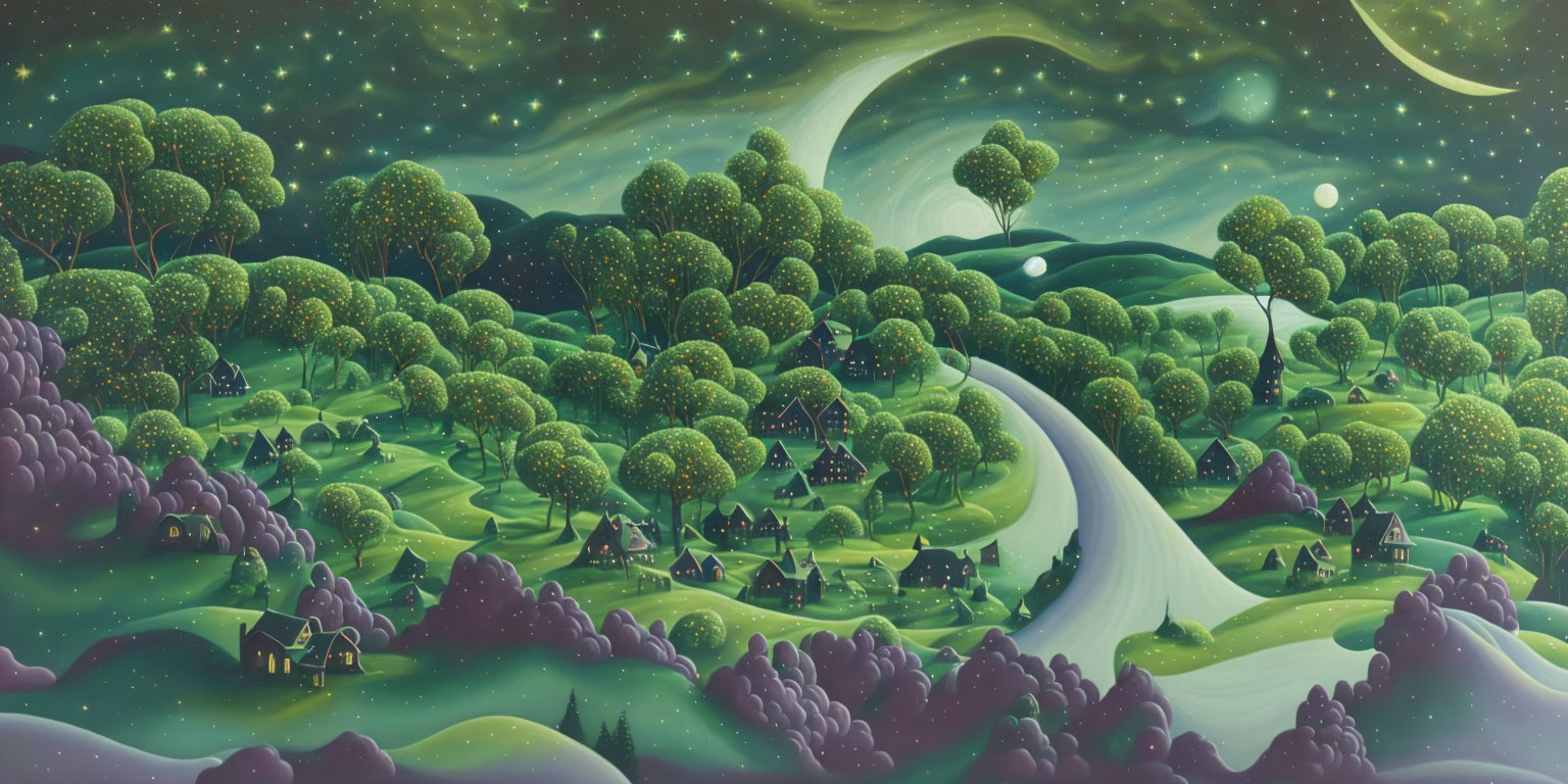 Vibrant green hills, winding river, starry skies, whimsical trees under crescent moon