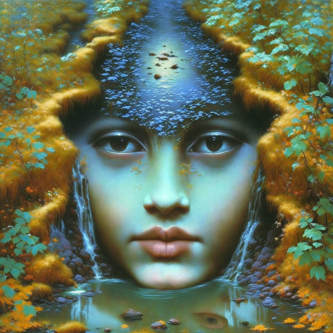 Surreal portrait: serene face merges with forest landscape