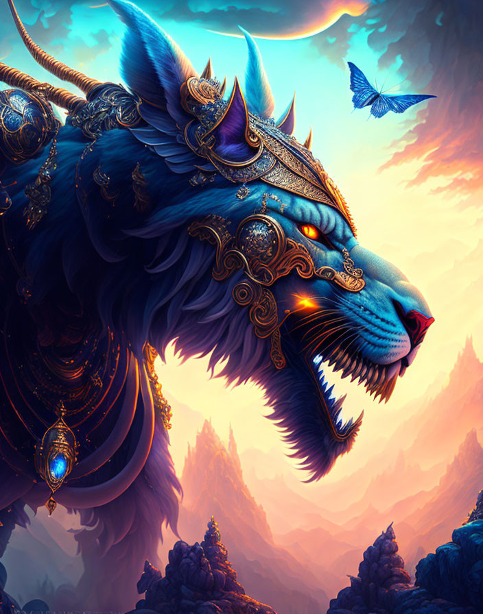 Blue fantasy lion in golden armor with mystical mountains and butterfly